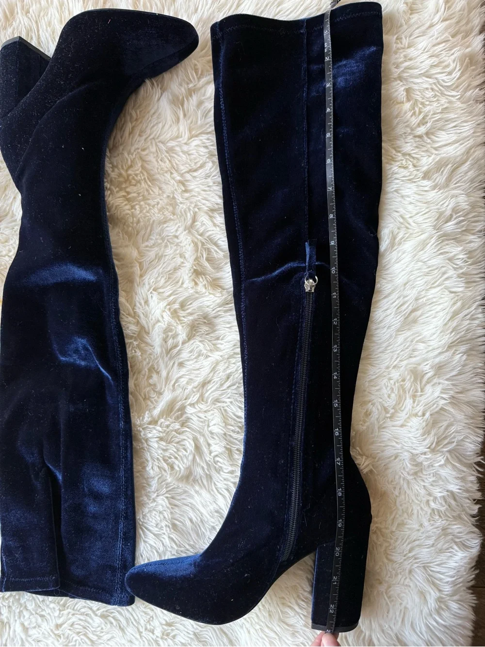 Zara Navy Velvet Over-the-Knee Block Heel Boots